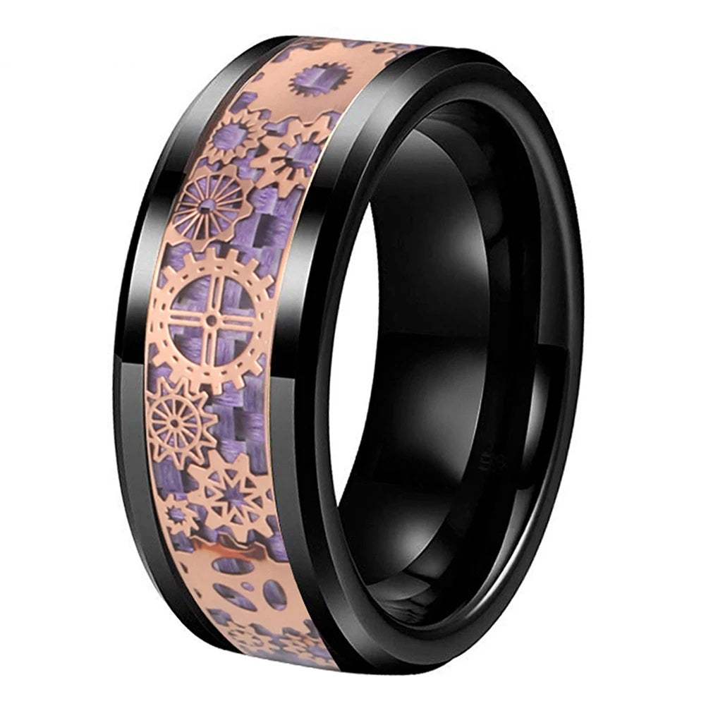 Black Tungsten steampunk men's ring with rose gold cog inlay, 8mm width.