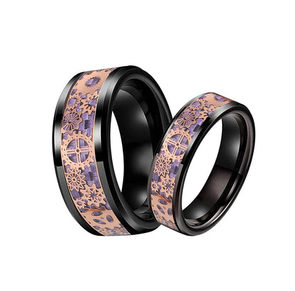 Matching set of black Tungsten steampunk men's rings with rose gold cog inlay, 8mm and 6mm widths.