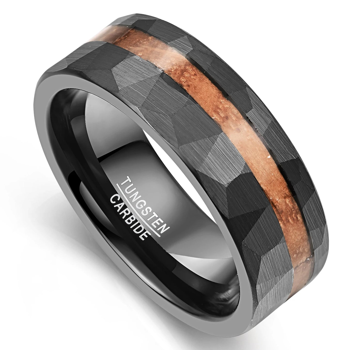 8mm black Tungsten men's ring with Acacia wood inlay and brushed hammered finish