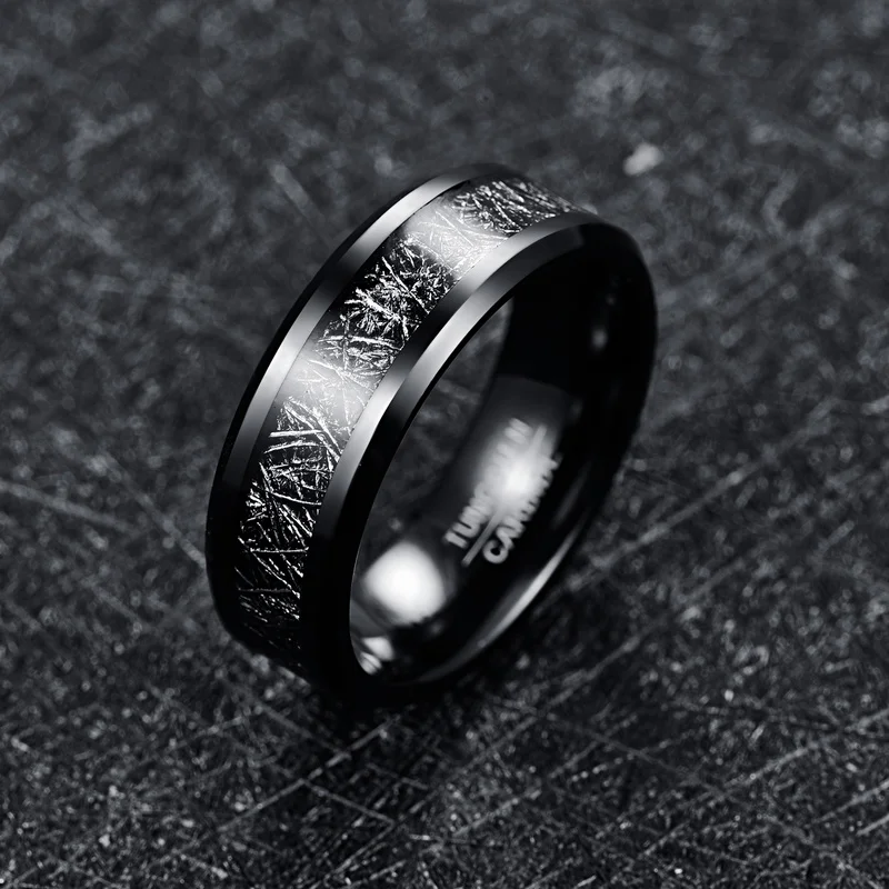 8mm black Tungsten band with Gibeon meteorite inlay and beveled edges for men