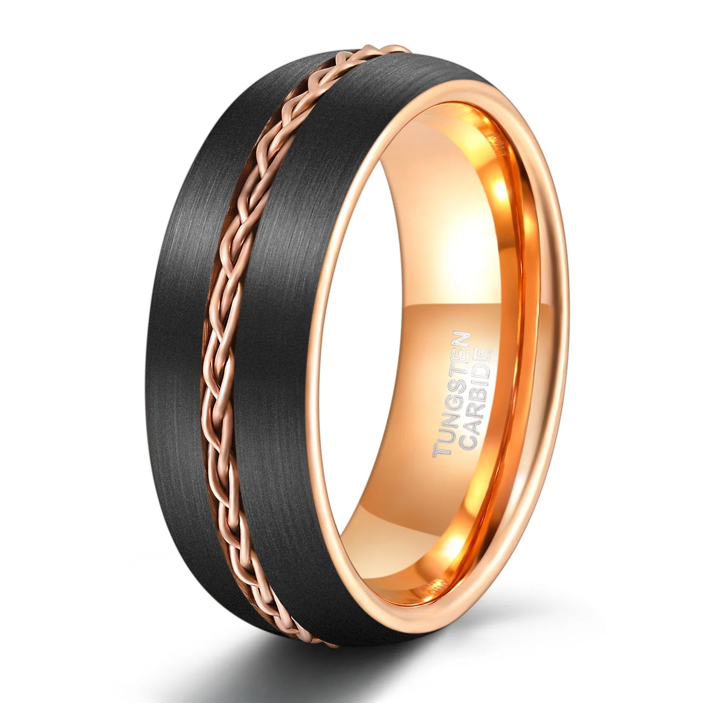 8mm black Tungsten ring with rose gold braided design and polished rose gold interior