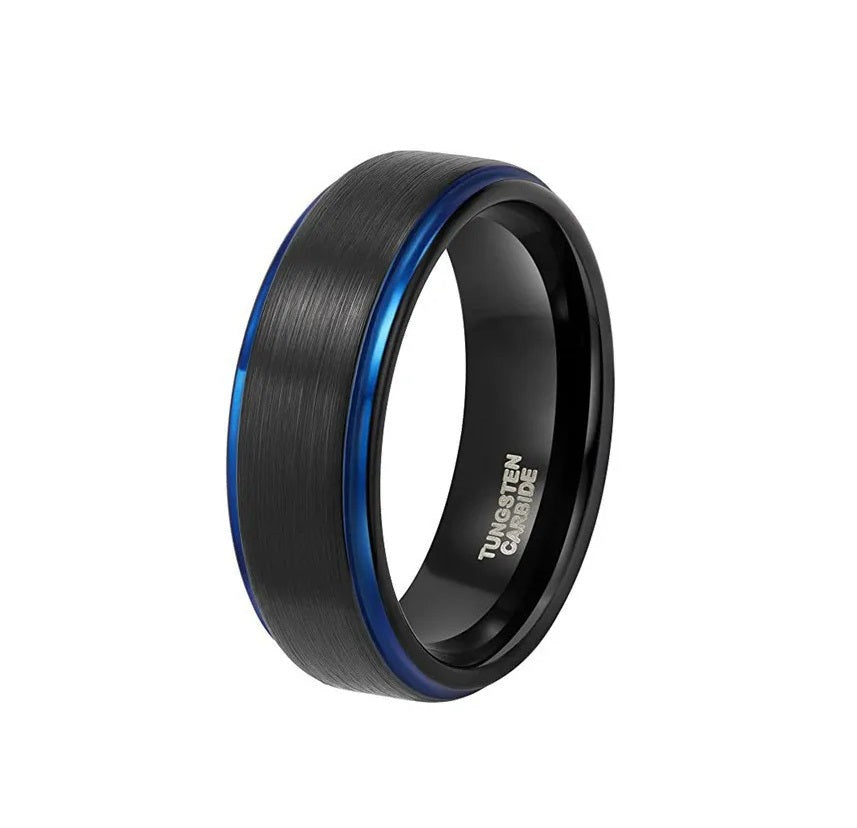 Blue trim black Tungsten carbide ring with brushed center, 6mm width.