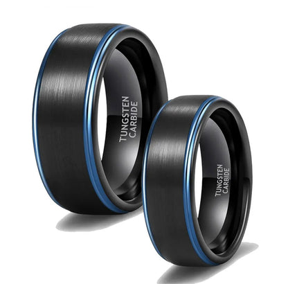 Matching set of black Tungsten rings with blue trim, 8mm and 6mm widths for couples.