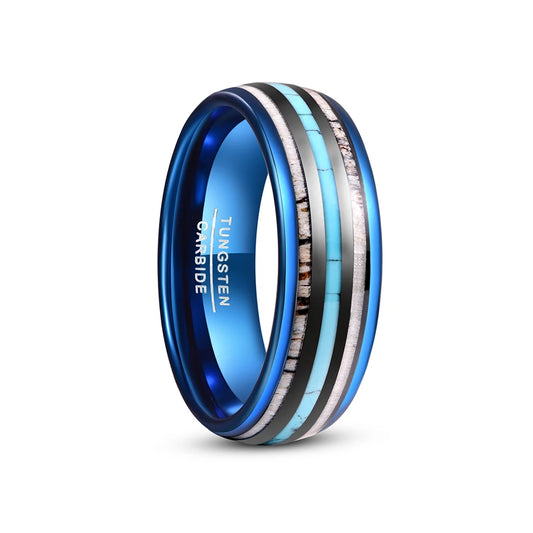 8mm blue Tungsten wedding band with antler and turquoise inlay – comfort fit