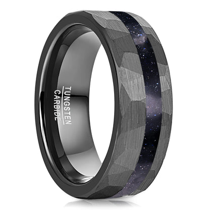 8mm black Tungsten men's ring with blue goldstone inlay and hammered geometric finish