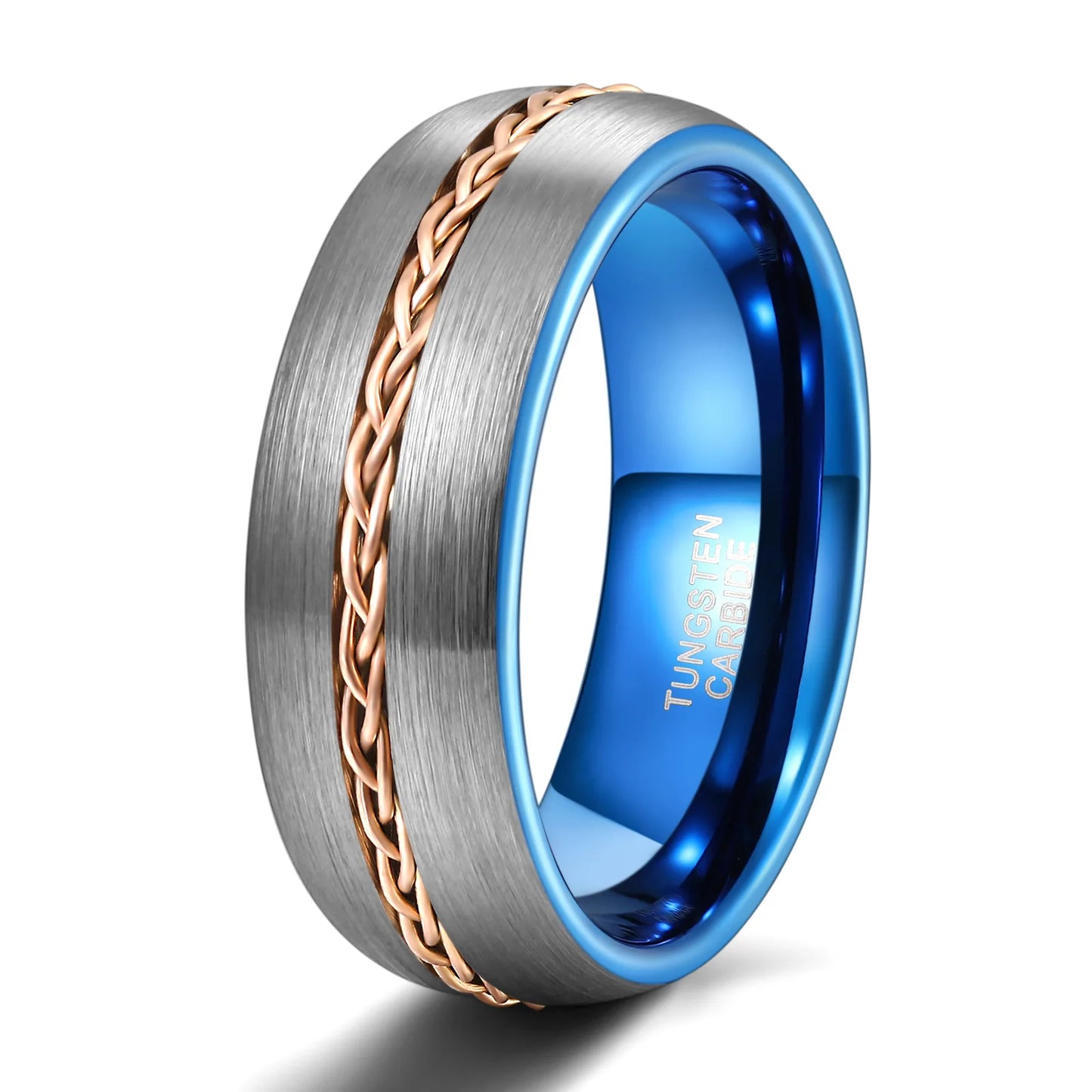 8mm silver Tungsten ring with blue interior and rose gold braided design, domed band