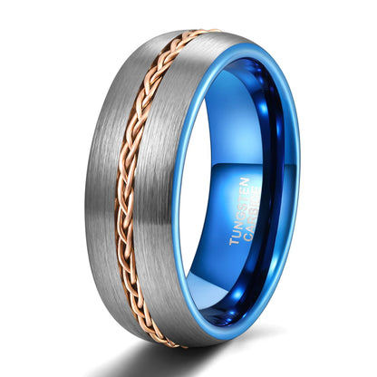 8mm silver Tungsten ring with blue interior and rose gold braided design, domed band