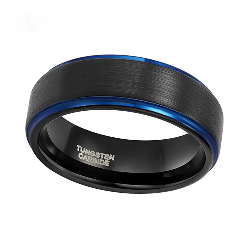 Brushed black Tungsten ring featuring a sleek blue edge, 6mm width.