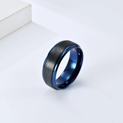 8mm men's Tungsten ring with a brushed black exterior, polished blue interior, and stepped edges for a bold and modern design.