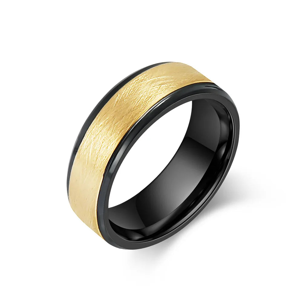 8mm men's Tungsten ring featuring a brushed gold exterior, polished black Tungsten interior, and stepped edges for a modern look.