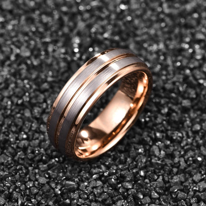 Brushed rose gold Tungsten ring with stepped edges – 8mm comfort fit men's wedding band