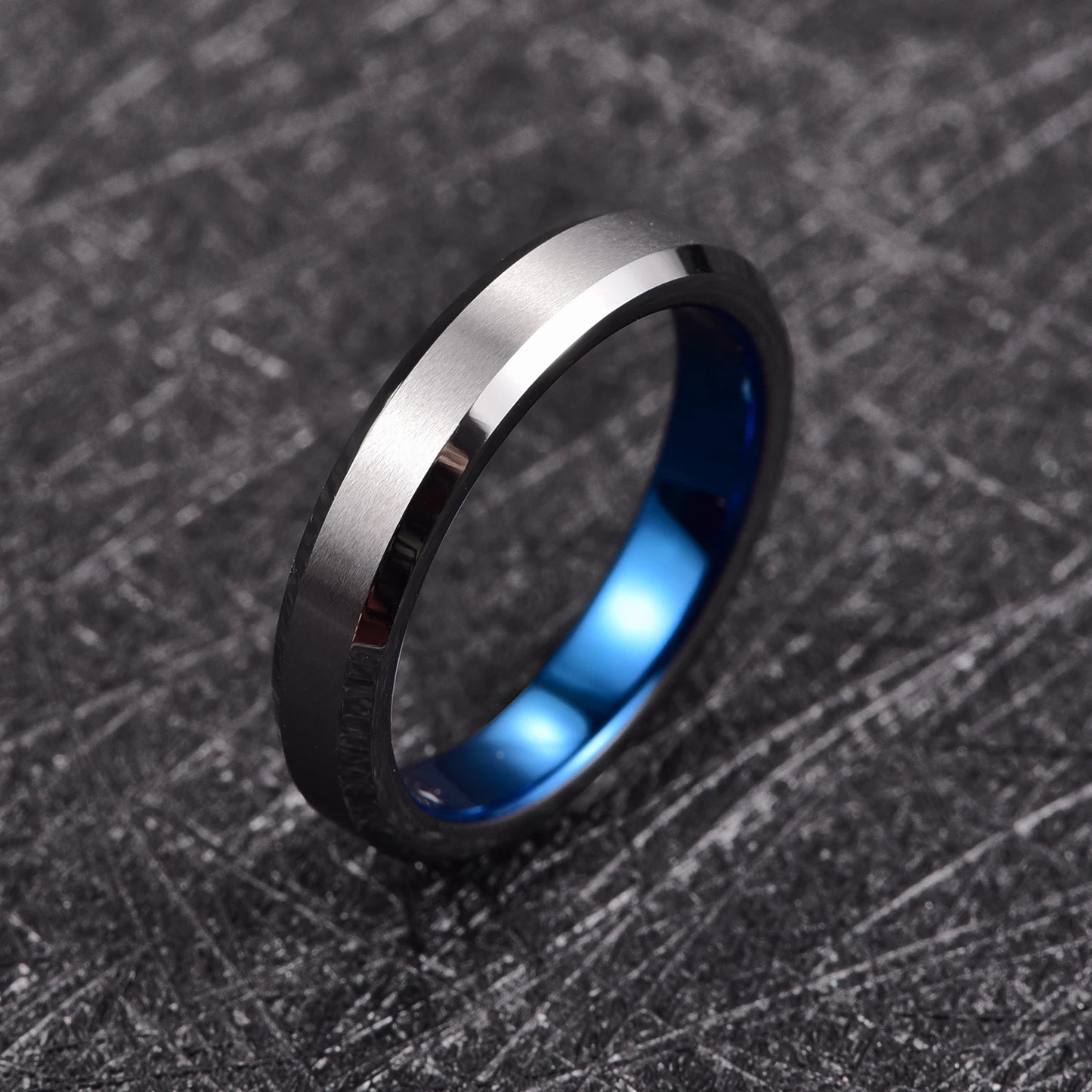 Brushed Silver Tungsten ring with smooth polished blue interior and beveled edges, 4mm width, comfort fit.