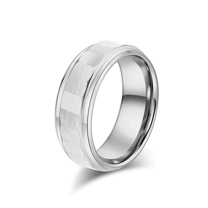 8mm silver Tungsten ring showcasing a brushed beveled surface and polished stepped edges for a sophisticated appearance.