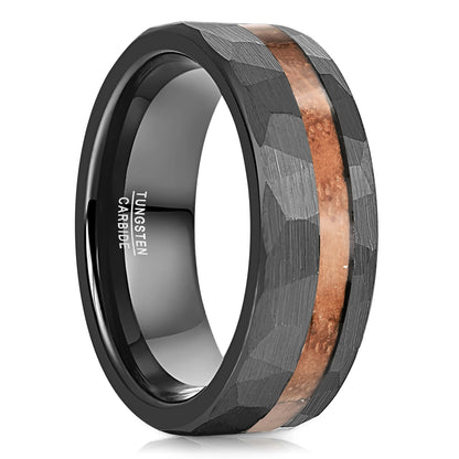 8mm men's black Tungsten ring with Acacia wood inlay and brushed hammered texture