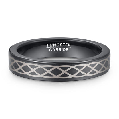 Black Tungsten unisex ring with a Celtic braid design in silver, 4mm width.