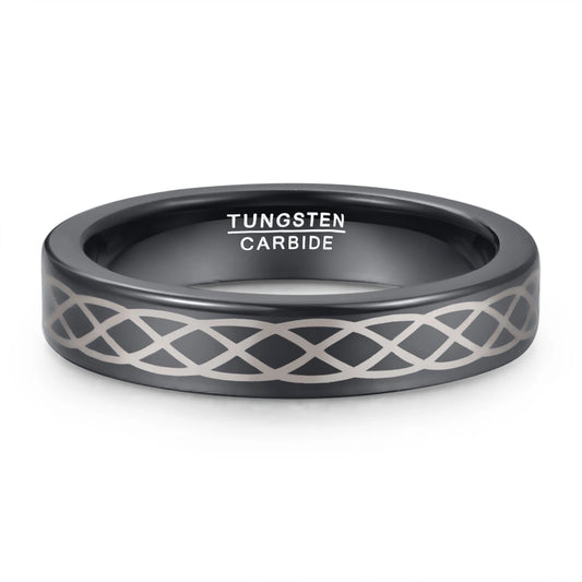 Black Tungsten unisex ring with a Celtic braid design in silver, 4mm width.