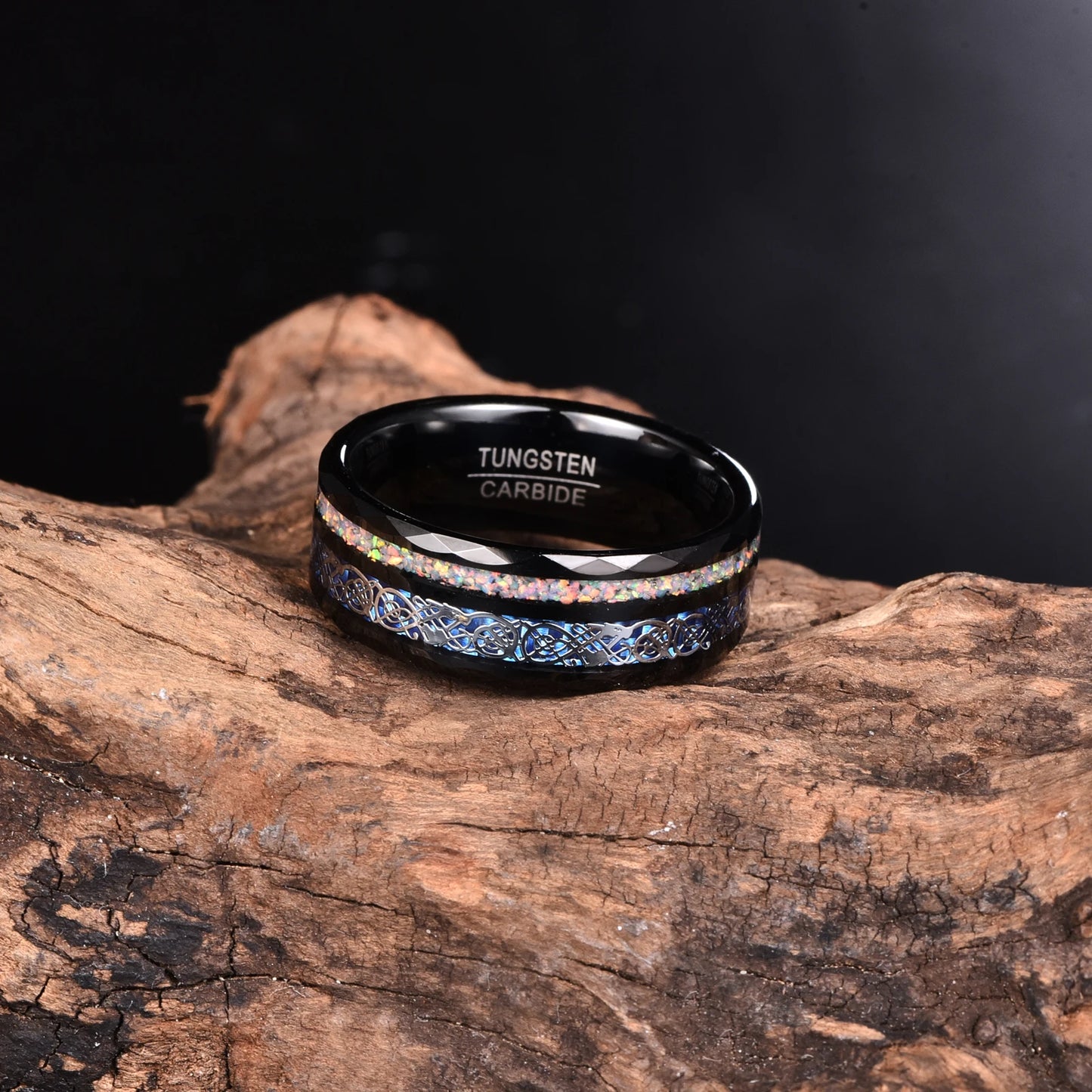 Black 8mm Tungsten men's ring with crushed opal inlay and a Celtic dragon design