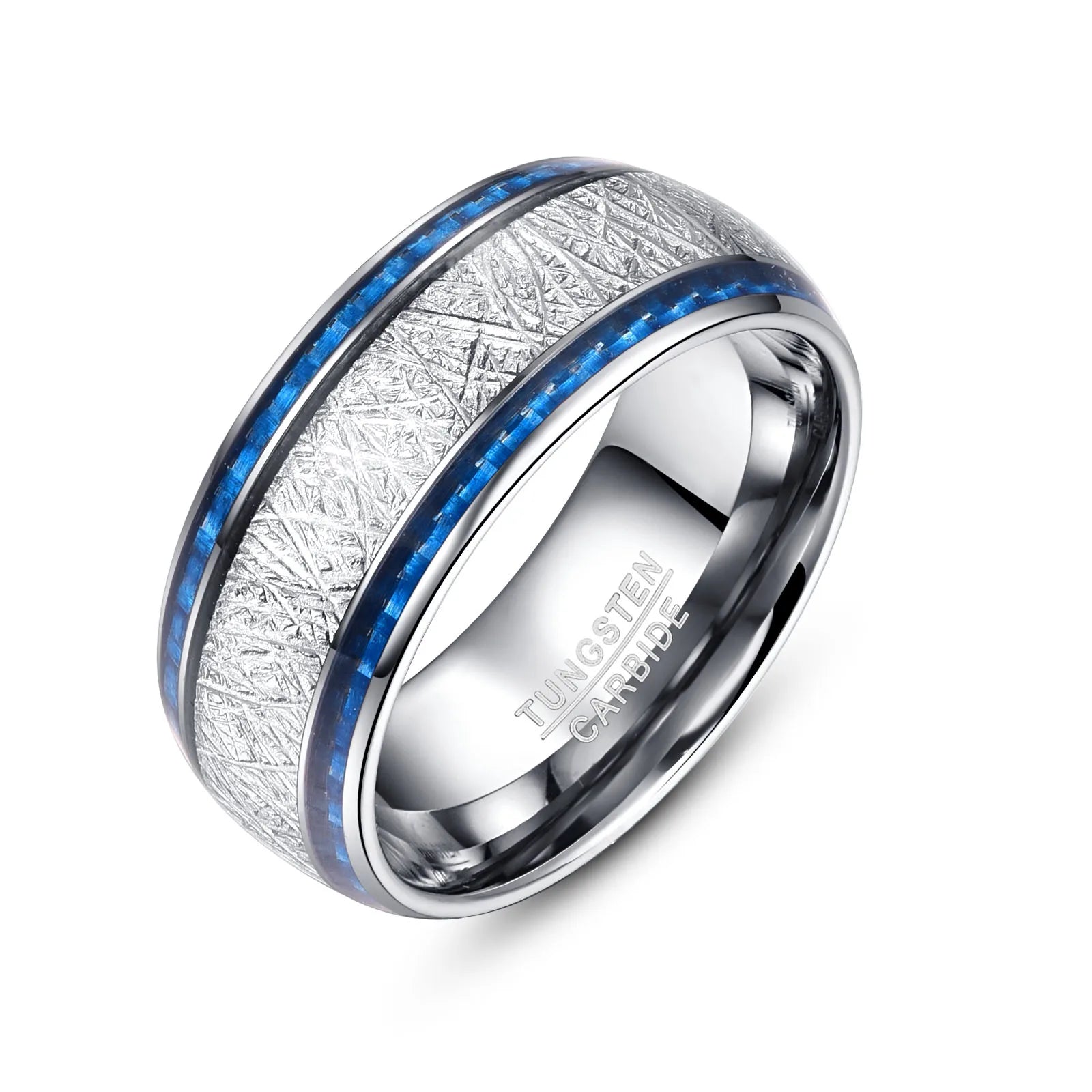 Cyberpunk 8mm silver Tungsten men's ring with a domed band, featuring a genuine meteorite and blue carbon fiber inlay.