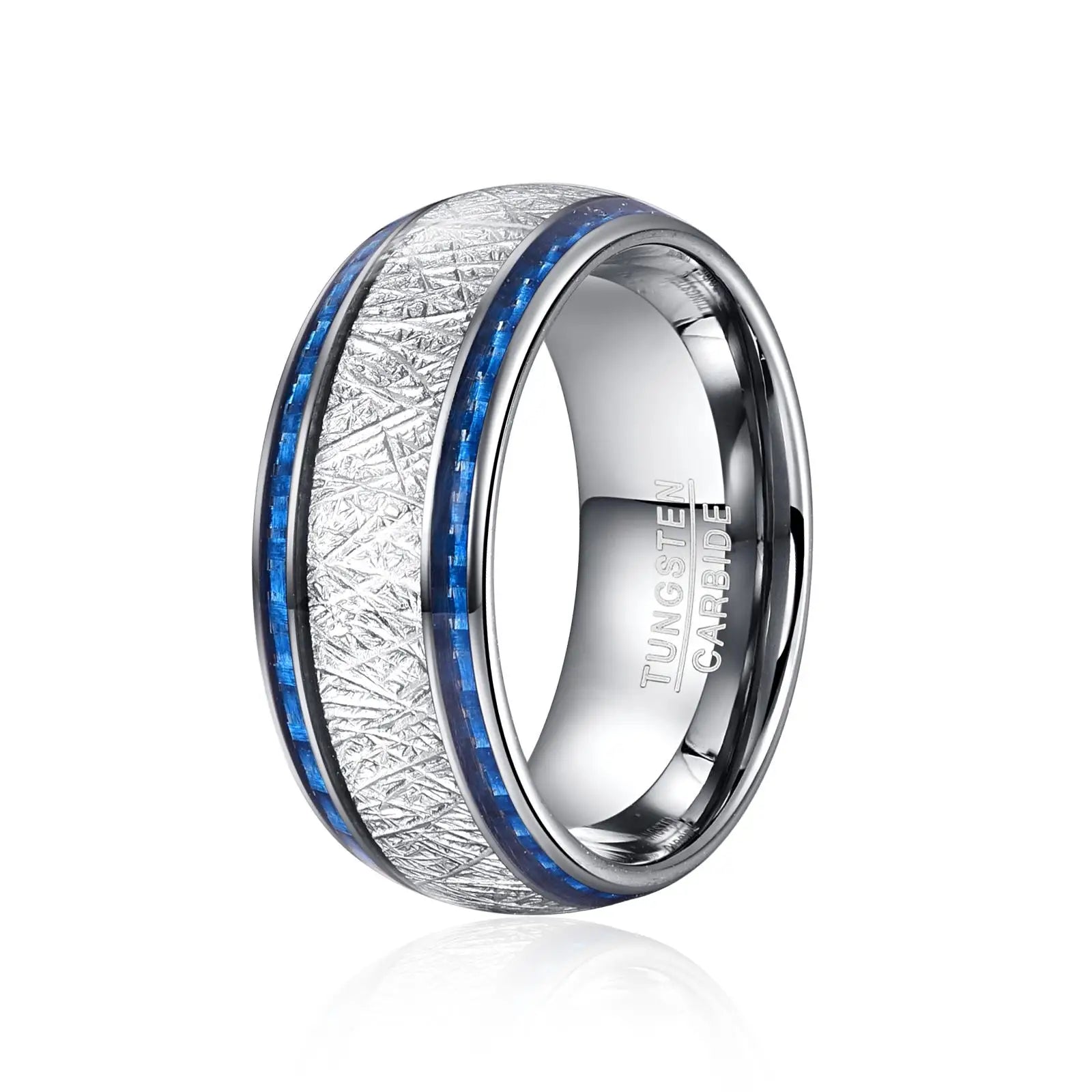 Silver Tungsten ring with a meteorite and blue carbon fiber inlay, showing the domed band design.