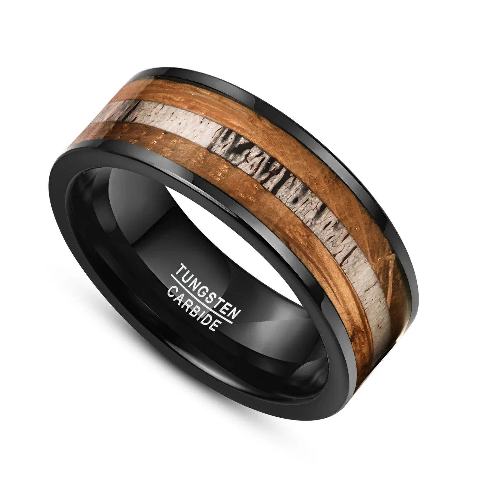 8mm black Tungsten ring featuring a natural deer antler and whiskey barrel wood inlay, perfect for nature-inspired wedding or engagement bands.