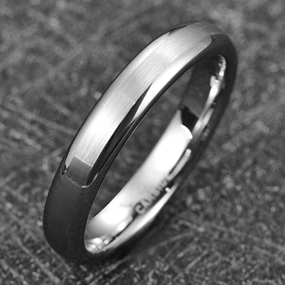 Domed silver Tungsten wedding band with brushed center, smooth polished edges, and interior, 4mm width, comfort fit.