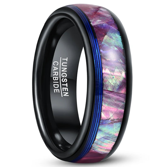 Electric blue guitar string Black Tungsten ring with abalone shell inlay, 8mm width, comfort fit.