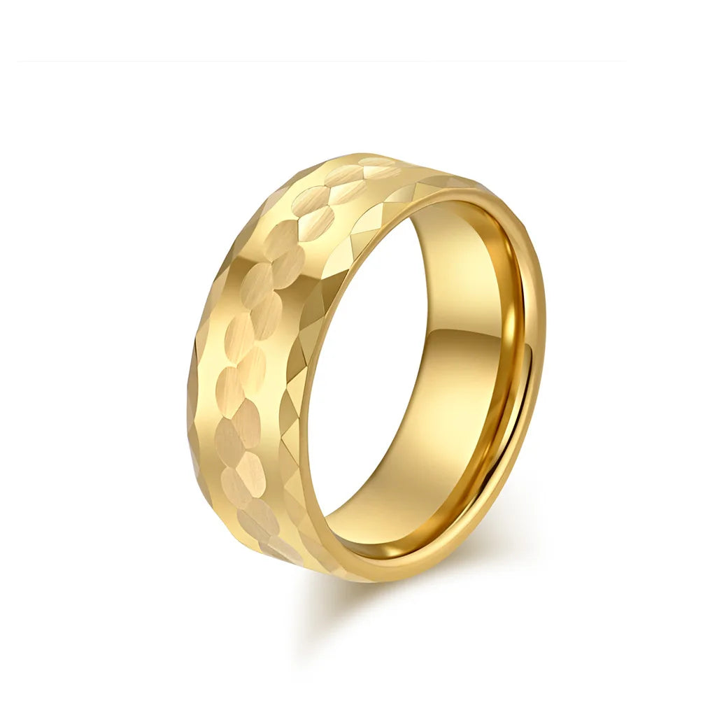 8mm gold Tungsten ring with a hammered finish and gleaming faceted edges for a striking appearance.