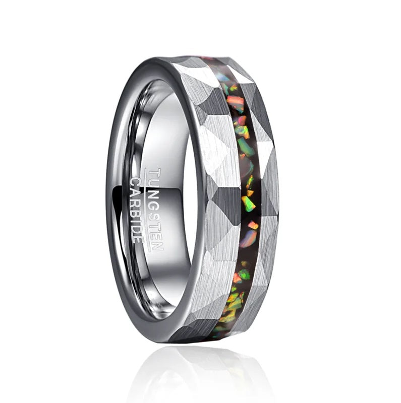 Faceted Silver Tungsten wedding band with opal inlay, 6mm width, comfort fit.