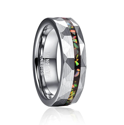 Faceted Silver Tungsten wedding band with opal inlay, 6mm width, comfort fit.