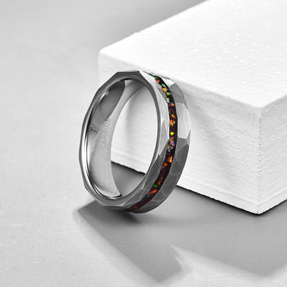 Faceted Silver Tungsten ring with opal inlay, 6mm width, comfort fit.