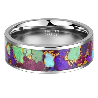 8mm men's Tungsten ring with Rainbow Jasper and 24k gold inlay in a flat silver band