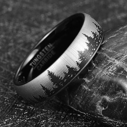 Forest etched Silver and Black Tungsten wedding band, 6mm width, comfort fit.