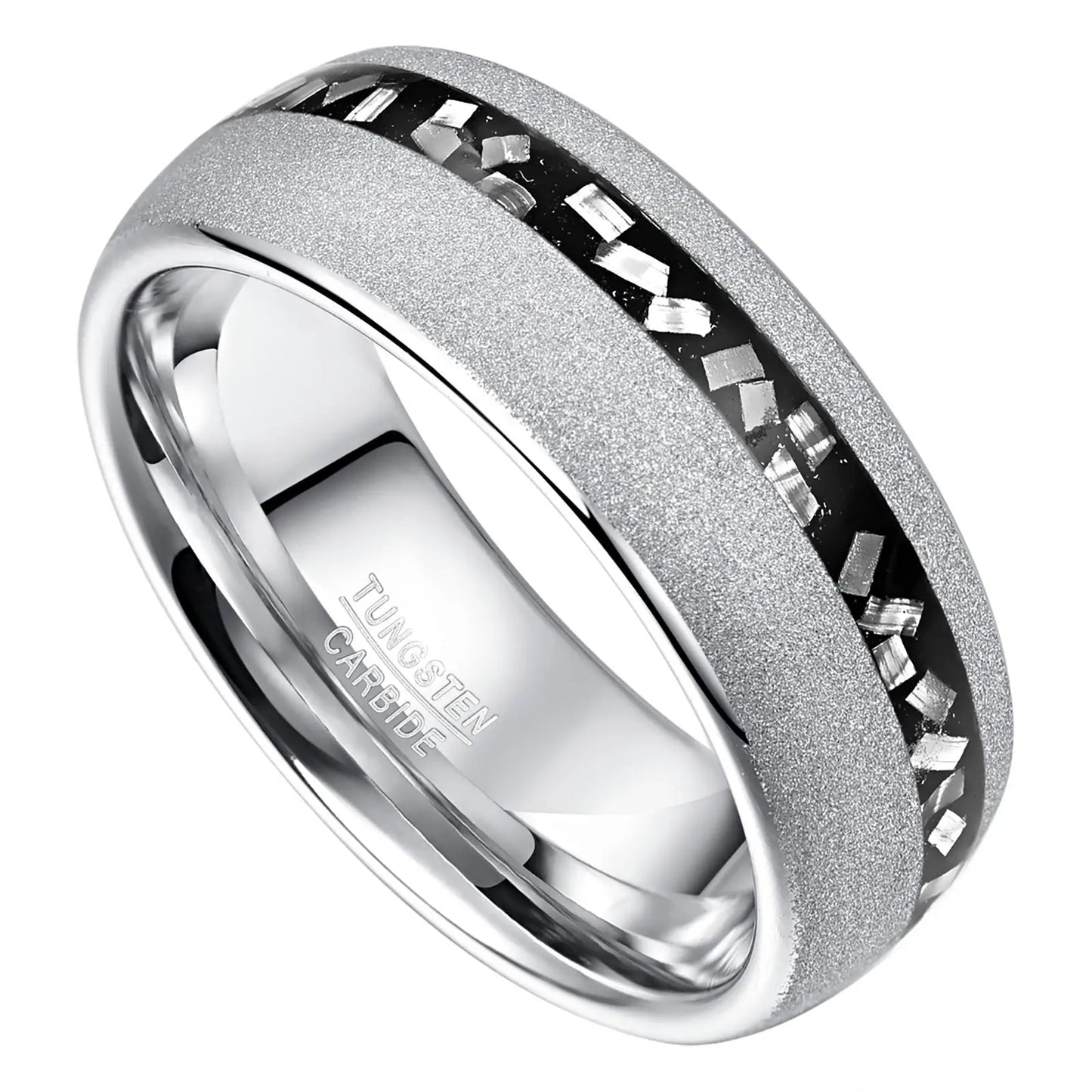 8mm silver Tungsten ring with frosted finish, Gibeon meteorite shavings, and black sandstone inlay.