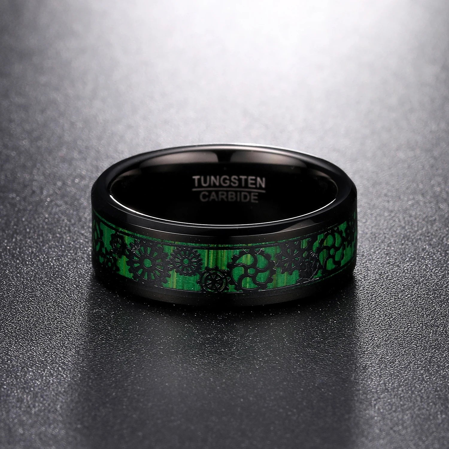 Black Tungsten wedding band with gear and green wood inlay, 8mm width, comfort fit.