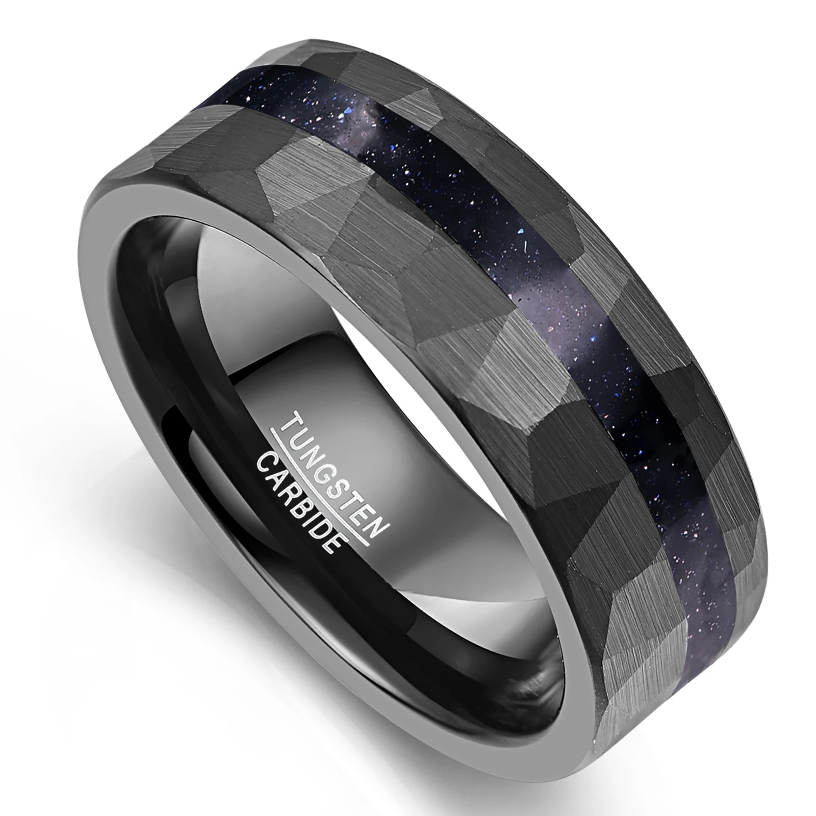 8mm men's black Tungsten ring with geometric hammered finish and blue goldstone inlay