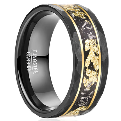 8mm black Tungsten men's ring with genuine Gibeon meteorite and 24k gold flakes inlay