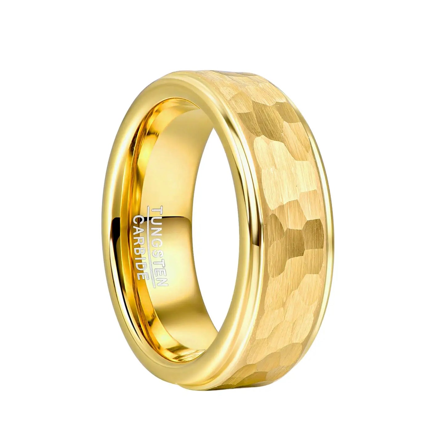 8mm forged gold Tungsten men's ring with a hammered finish and stepped edges, offering a bold and sophisticated look.