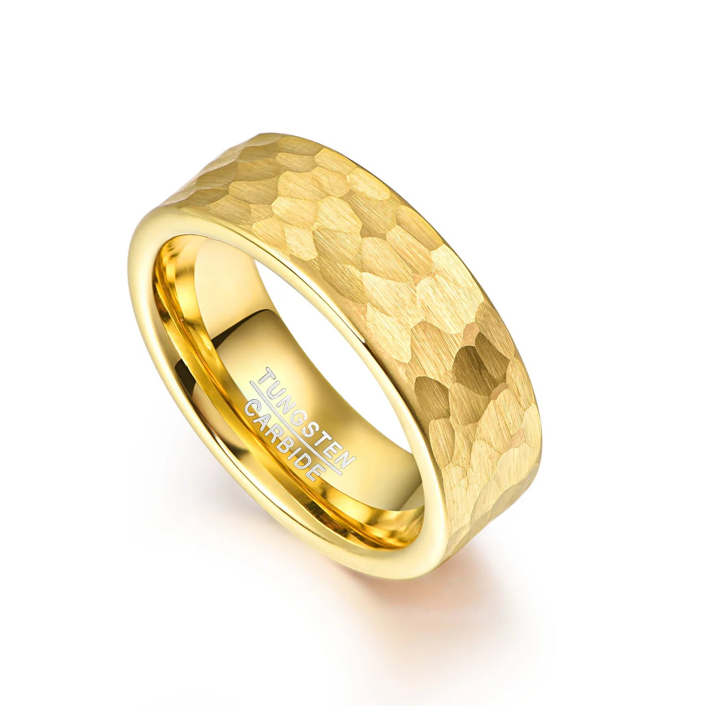 8mm forged gold Tungsten men's ring featuring a hammered finish and flat band for a modern look.