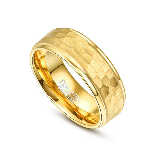 Side view of an 8mm forged gold Tungsten men's wedding band featuring a hammered finish and stepped edges.