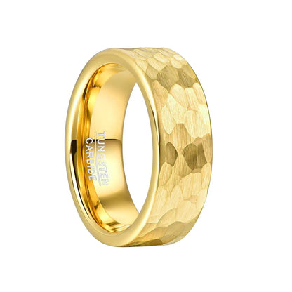 8mm forged gold Tungsten men's wedding band with a hammered finish and flat band design.