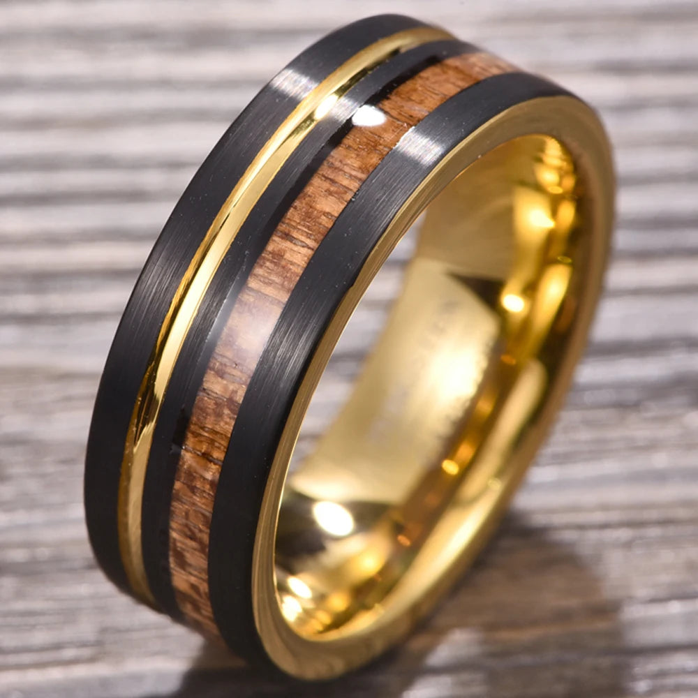 Gold and Black Tungsten ring with acacia wood inlay and gold stripe, 8mm width, comfort fit.