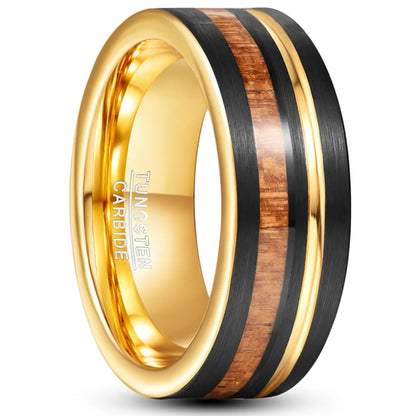 Gold and Black Tungsten wedding band with acacia wood inlay and gold stripe, 8mm width, comfort fit.