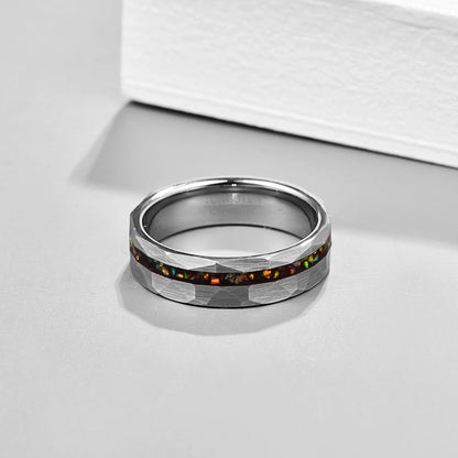 Hammered Silver Tungsten ring with opal inlay, 6mm width, comfort fit.