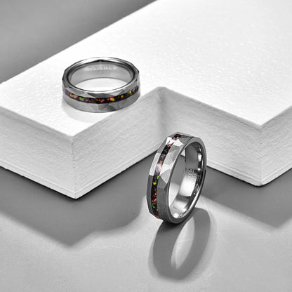 Hammered Silver Tungsten wedding band with opal inlay, 6mm width, comfort fit.