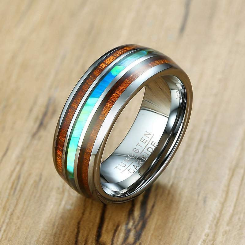 Hawaiian koa wood ring with abalone shell inlay, silver Tungsten domed band for men.