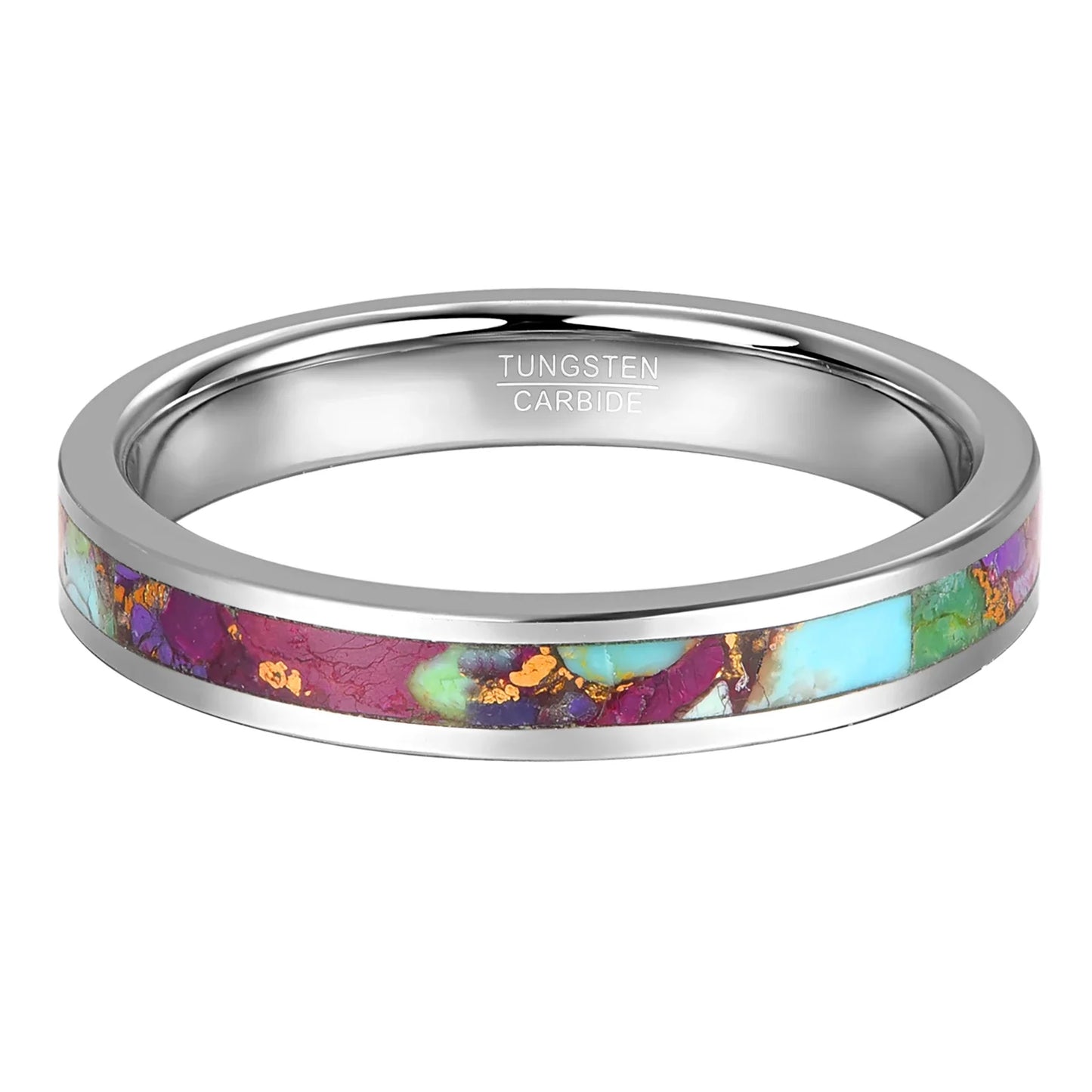 Women's 4mm silver Tungsten ring with Kaleidoscope Jasper inlay and 24k gold accents