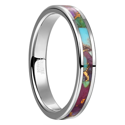 4mm flat silver Tungsten ring with vibrant Kaleidoscope Jasper and 24k gold inlay. Designed for women.