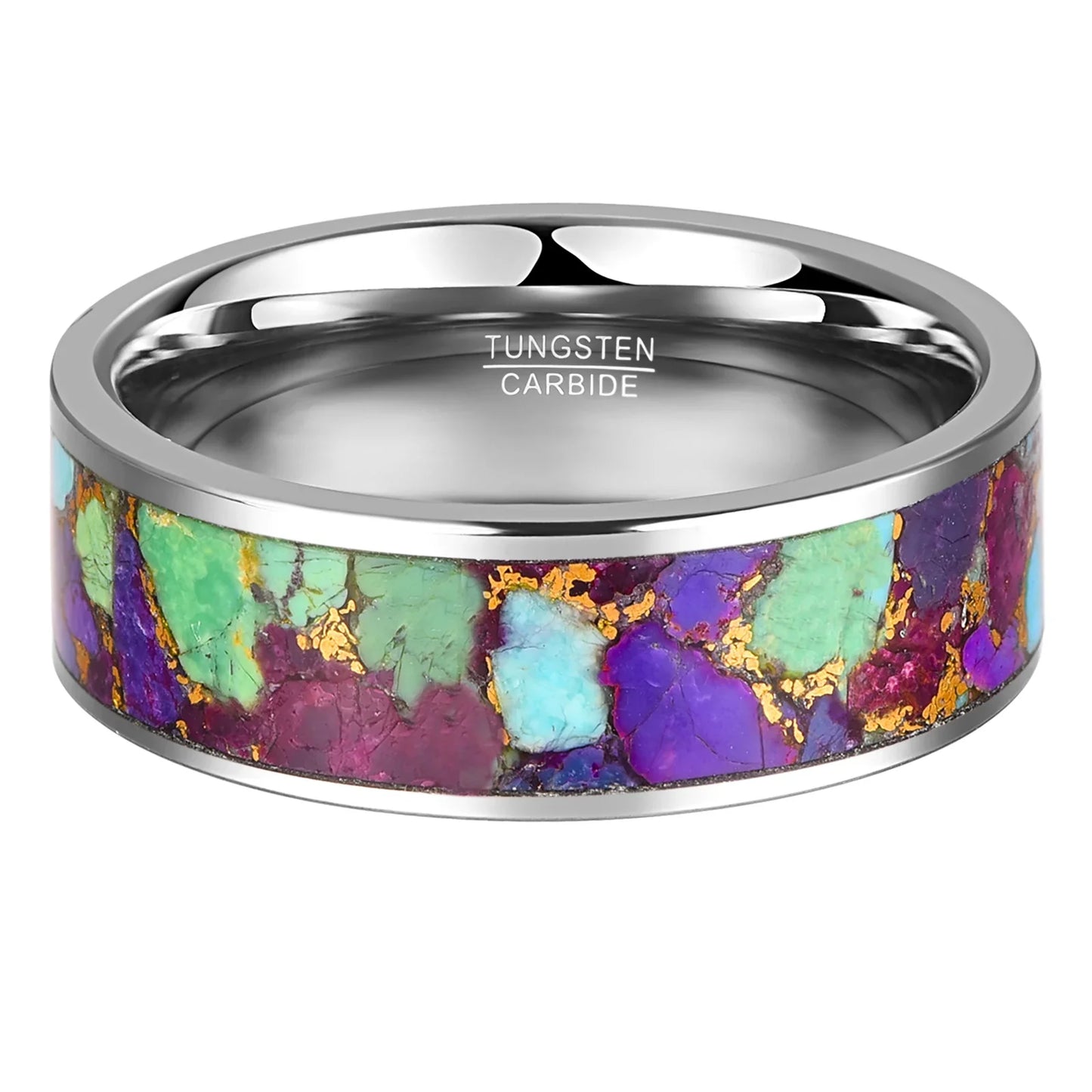 8mm flat silver Tungsten ring with vibrant Kaleidoscope Jasper and 24k gold inlay. Designed for men.