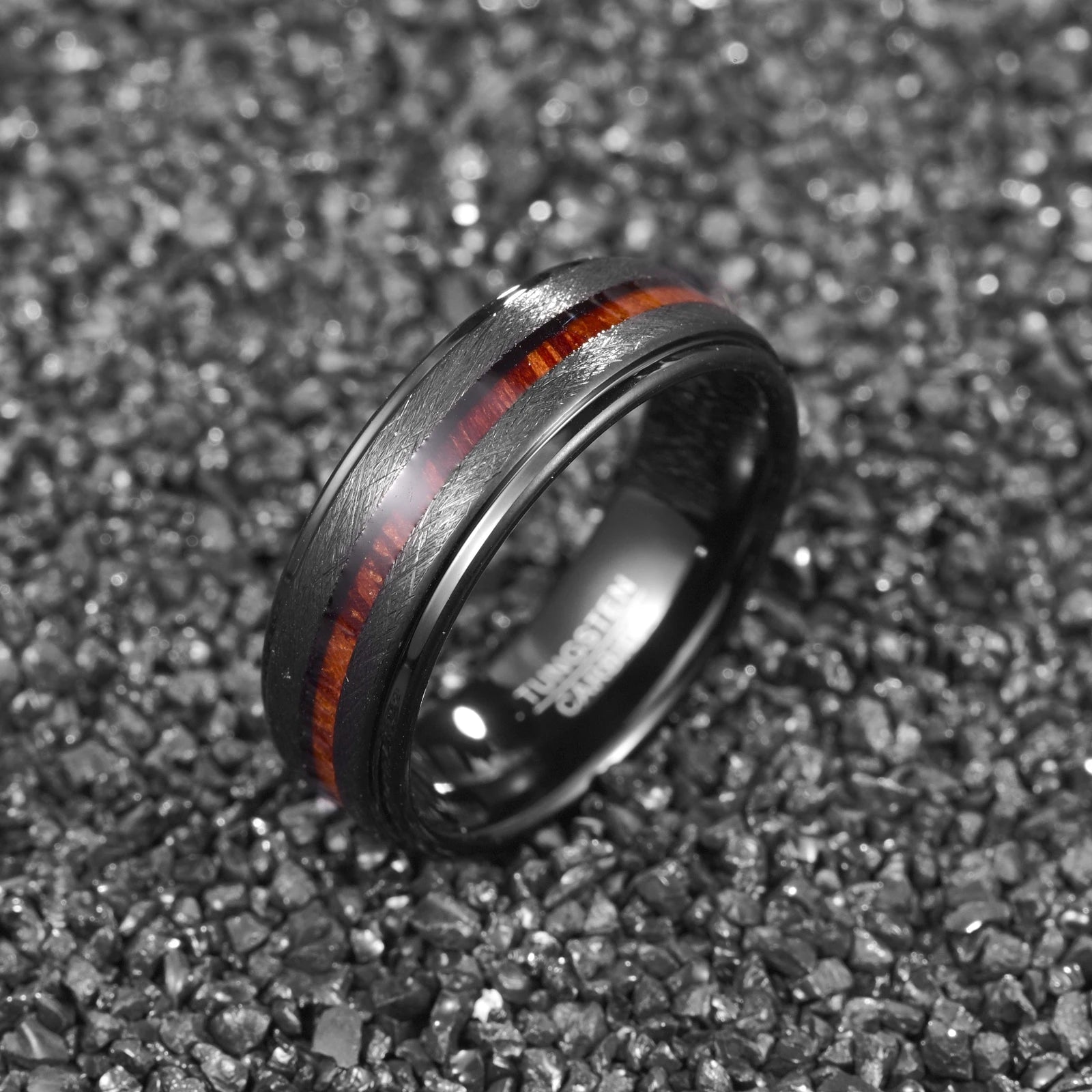 Mahogany wood inlay on a black Tungsten ring – 8mm comfort fit men's wedding band