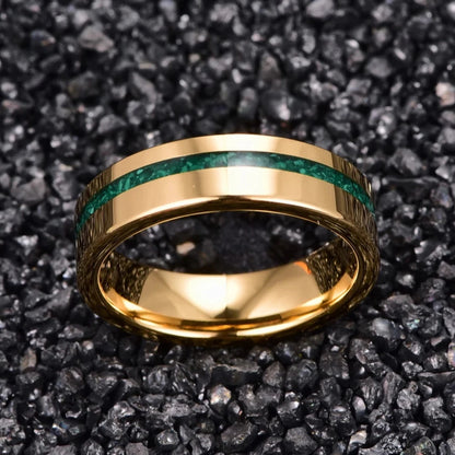 Malachite ring crafted from gold Tungsten with a vibrant green stone inlay.
